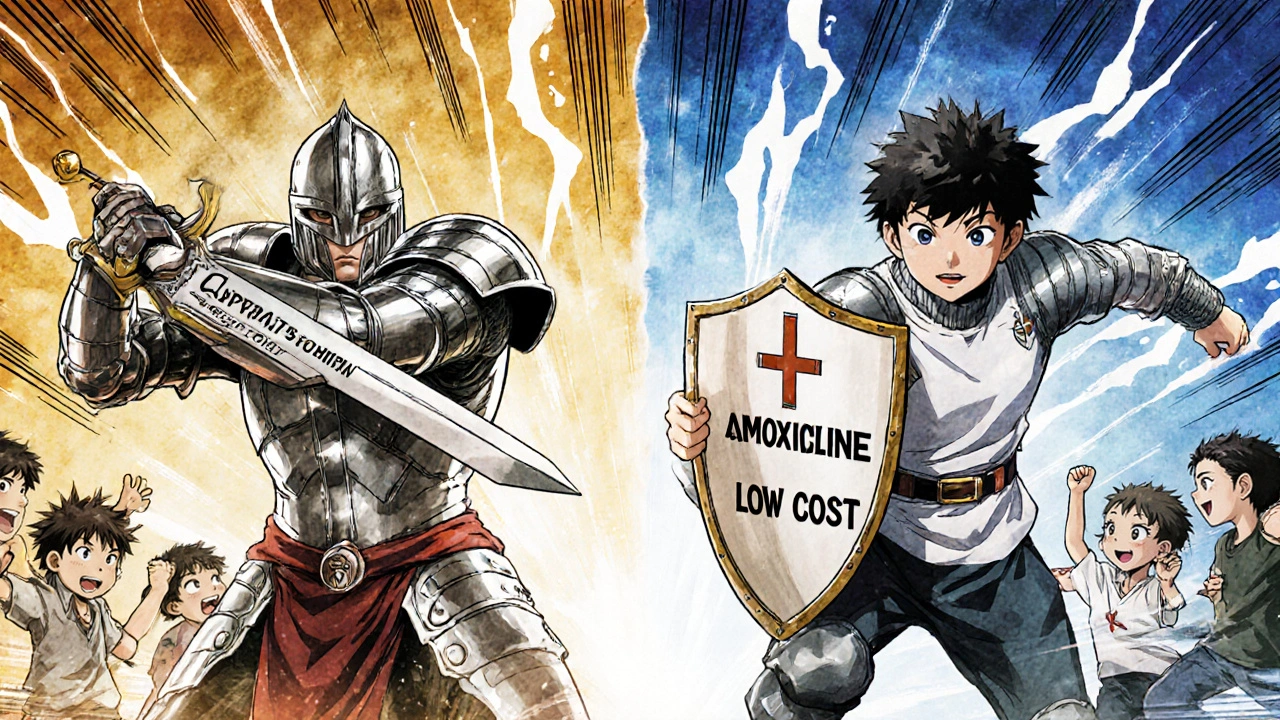 A battle scene in manga style showing Suprax and amoxicillin as knights fighting bacteria, with pediatric patients cheering.