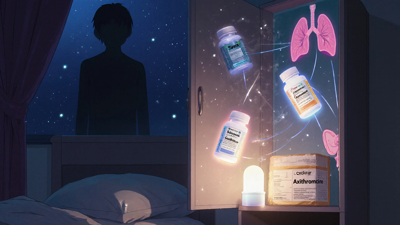 A child's bedroom at night with floating antibiotic bottles and a dream mural of healthy organs, illuminated by soft light.