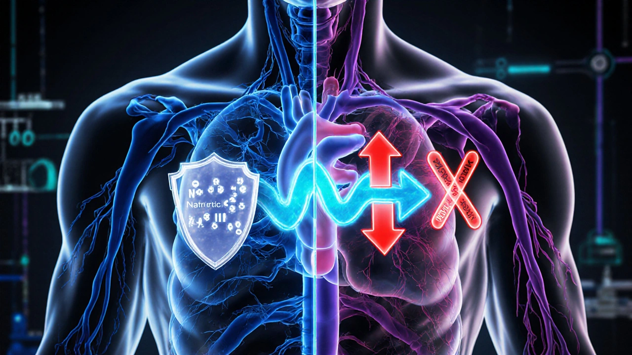 Animated heart showing dual action of sacubitril/valsartan with protective peptides.