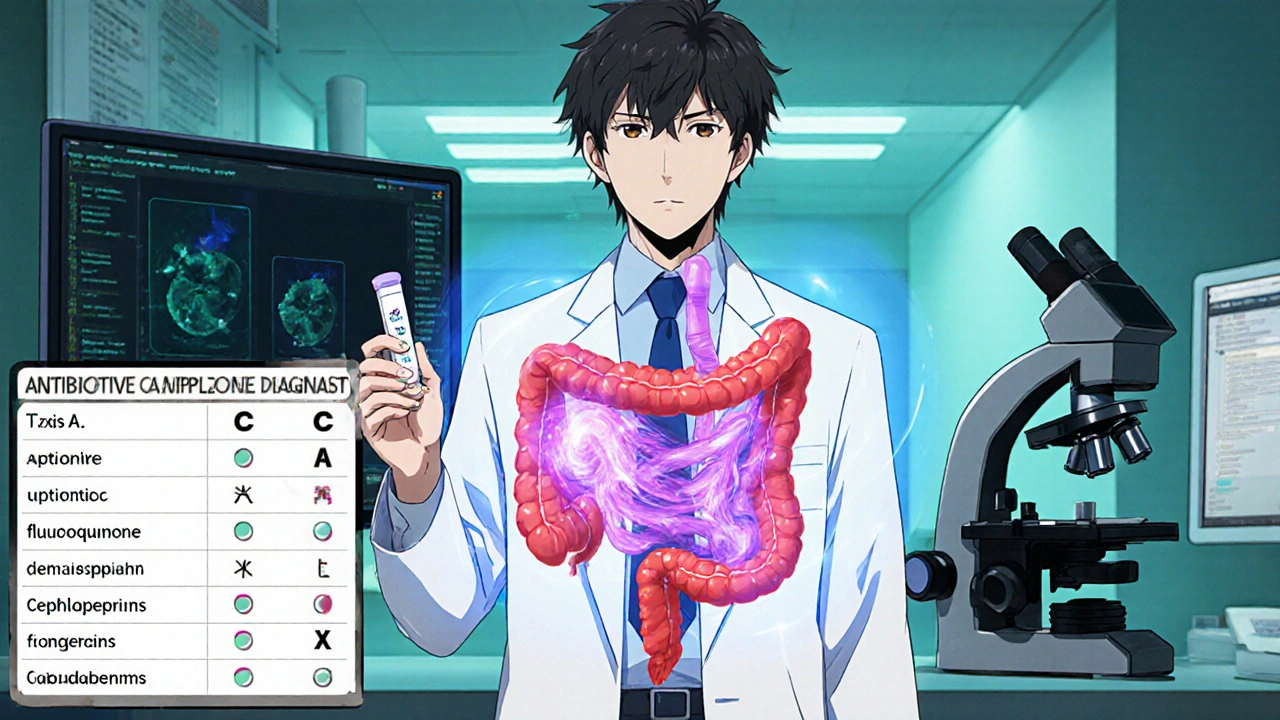 Anime doctor examining C. difficile infection in a lab.
