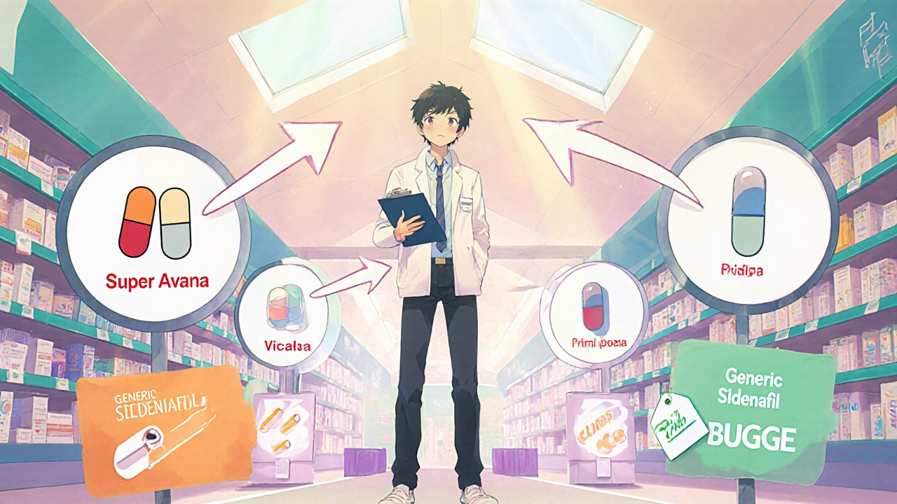 Anime man at pharmacy crossroads choosing between different ED and PE medication options.
