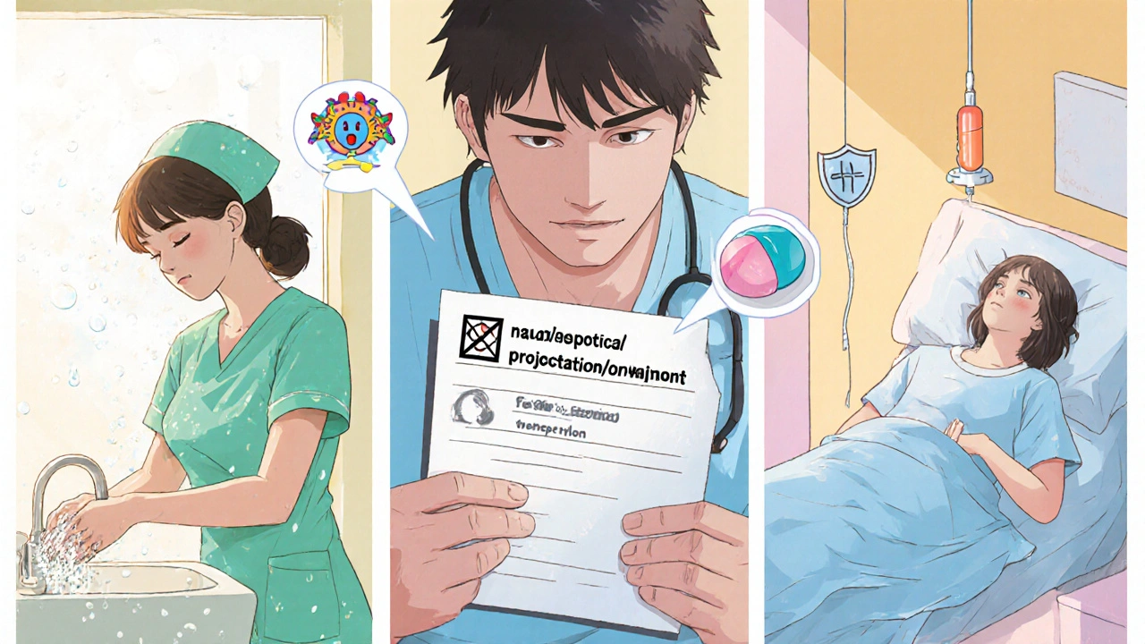 Anime scene of prevention steps: hand wash, stewardship, FMT.