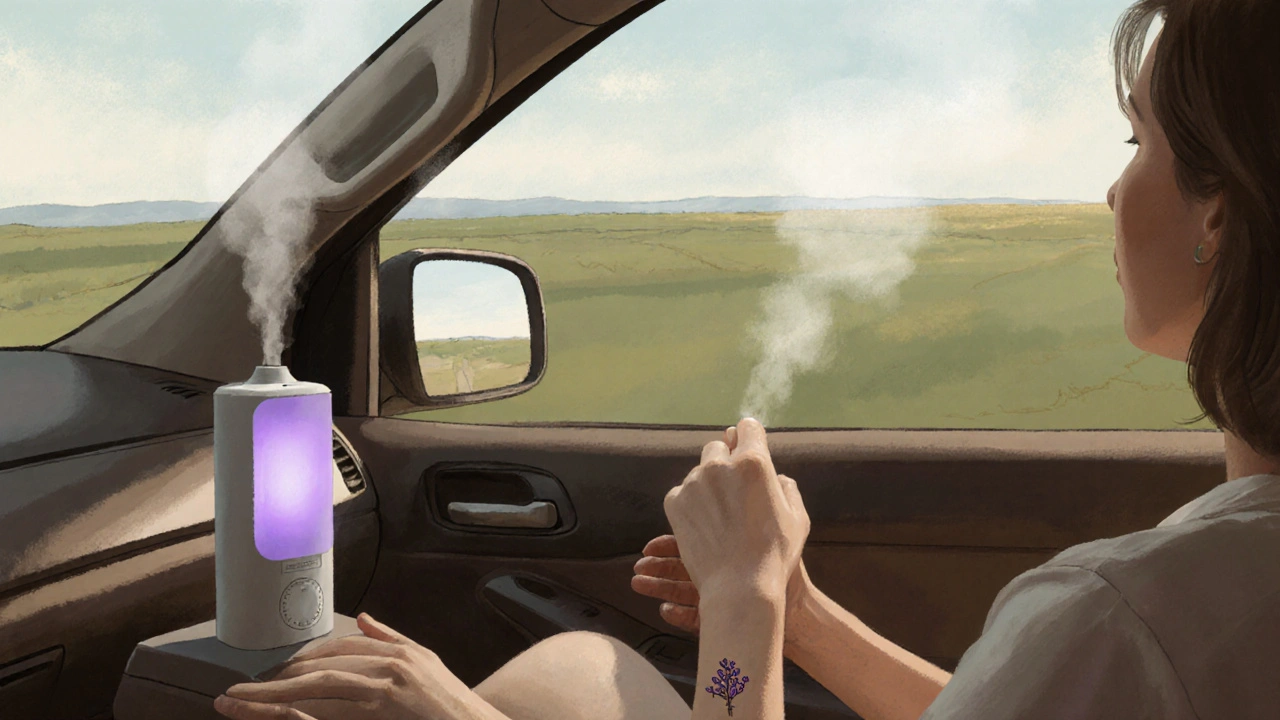 Calm traveler in a car looks out the window, with diffuser mist and wrist oil blend.