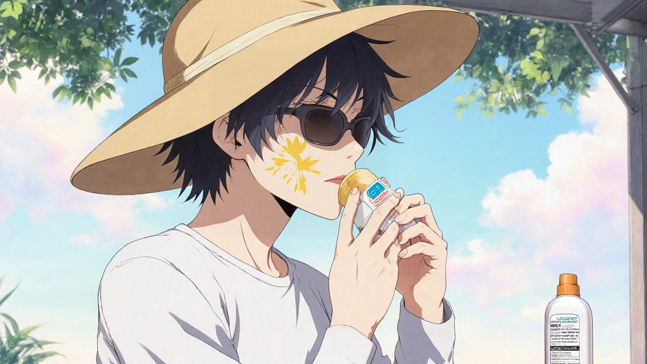 Character wearing UV‑protective clothing and applying sunscreen on a sunny patio.