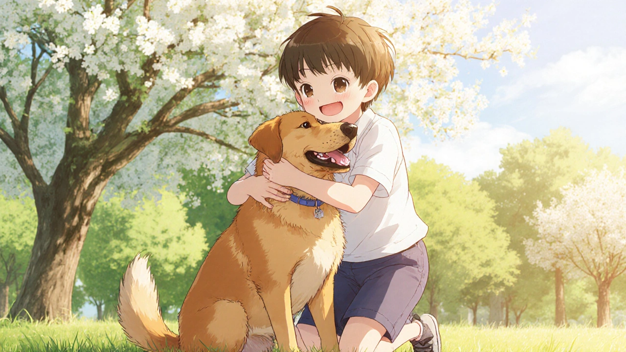 Child hugging a dog in a bright park, showing lasting empathy.
