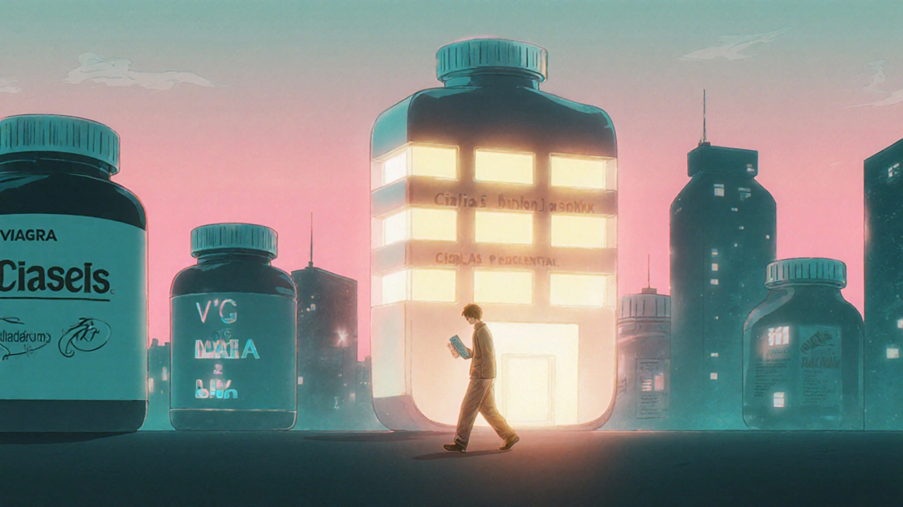 Cityscape of pill-shaped buildings, Cialis Sublingual glowing brightly at dawn.