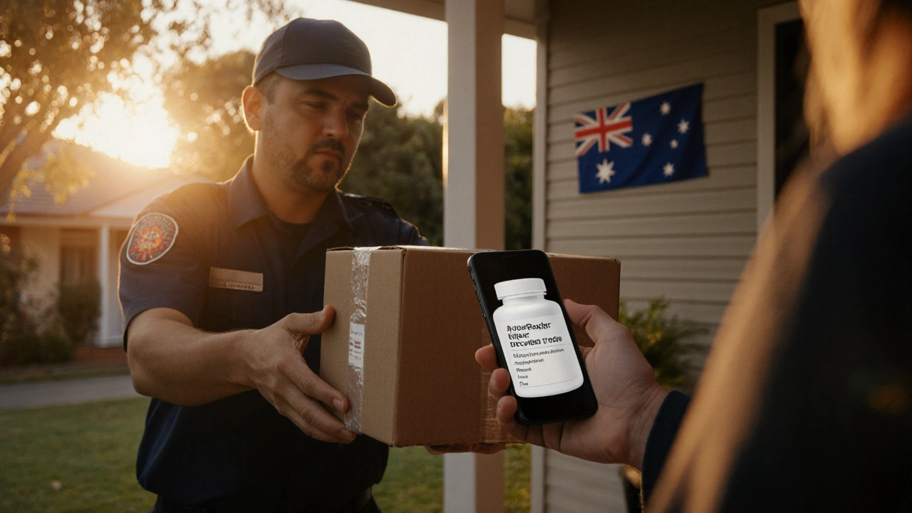 Courier delivering a boxed package of generic ivermectin to a homeowner at dusk.