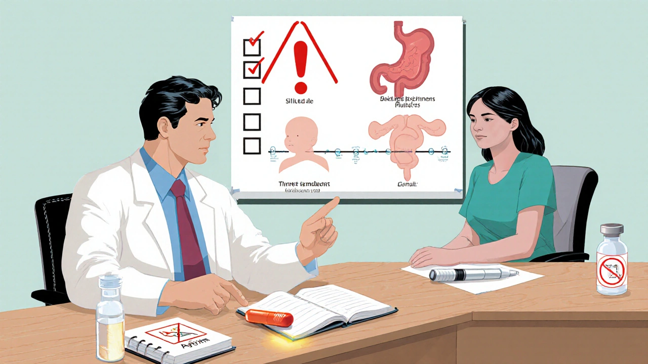 Doctor advises patient with safety icons and alternative migraine meds, comic‑style clinic scene.