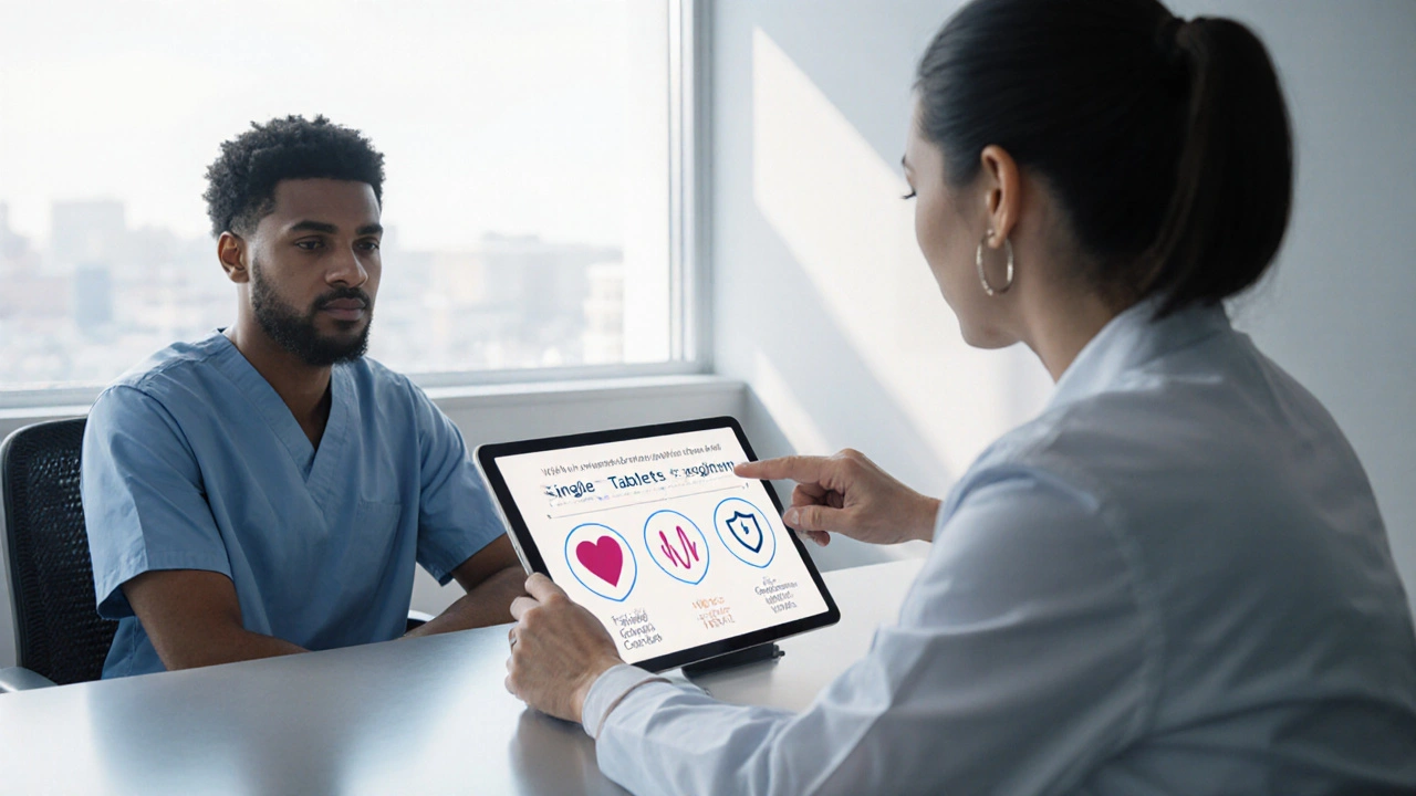 Doctor and patient reviewing treatment options on a tablet.