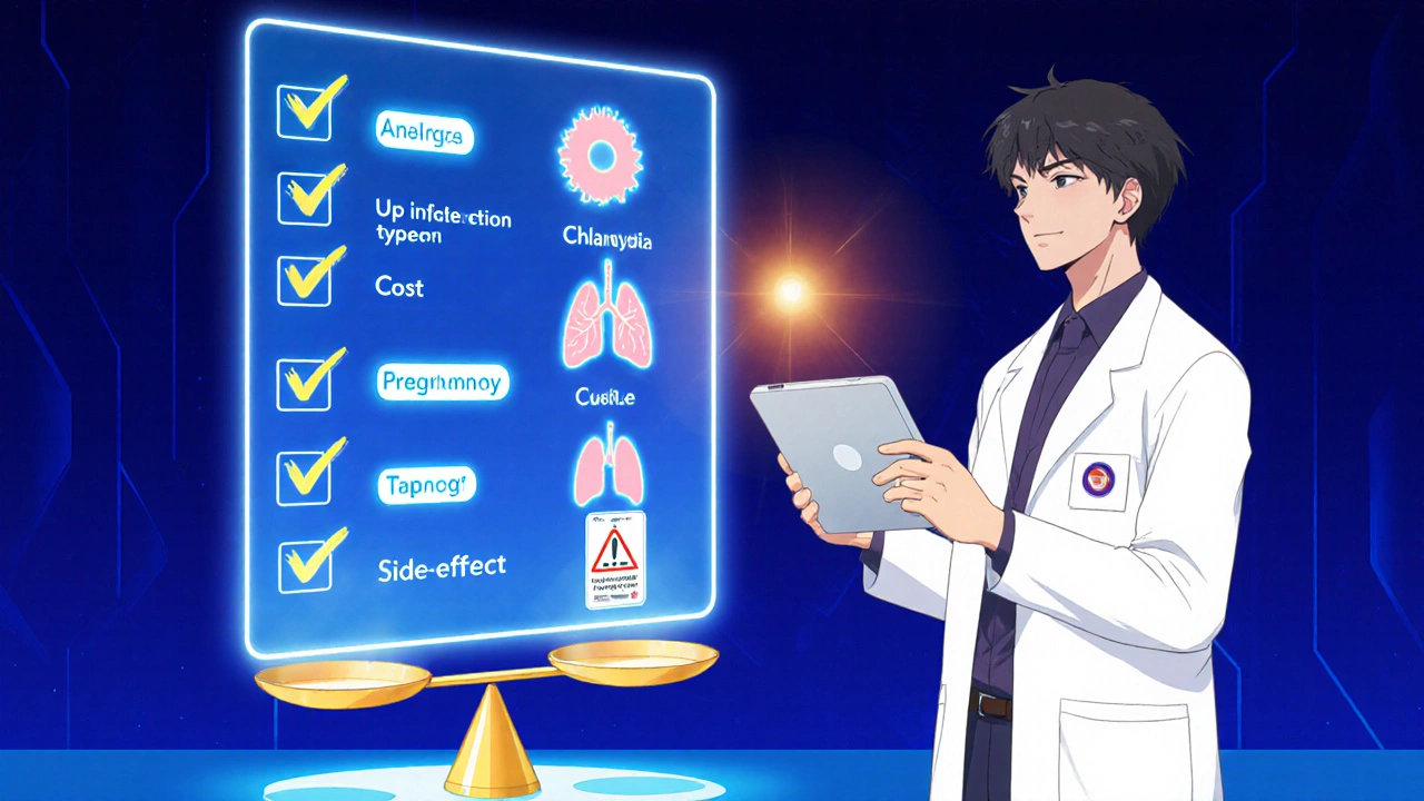 Doctor with holographic checklist and Doxt‑SL tablet balances safety, cost, and infection types.