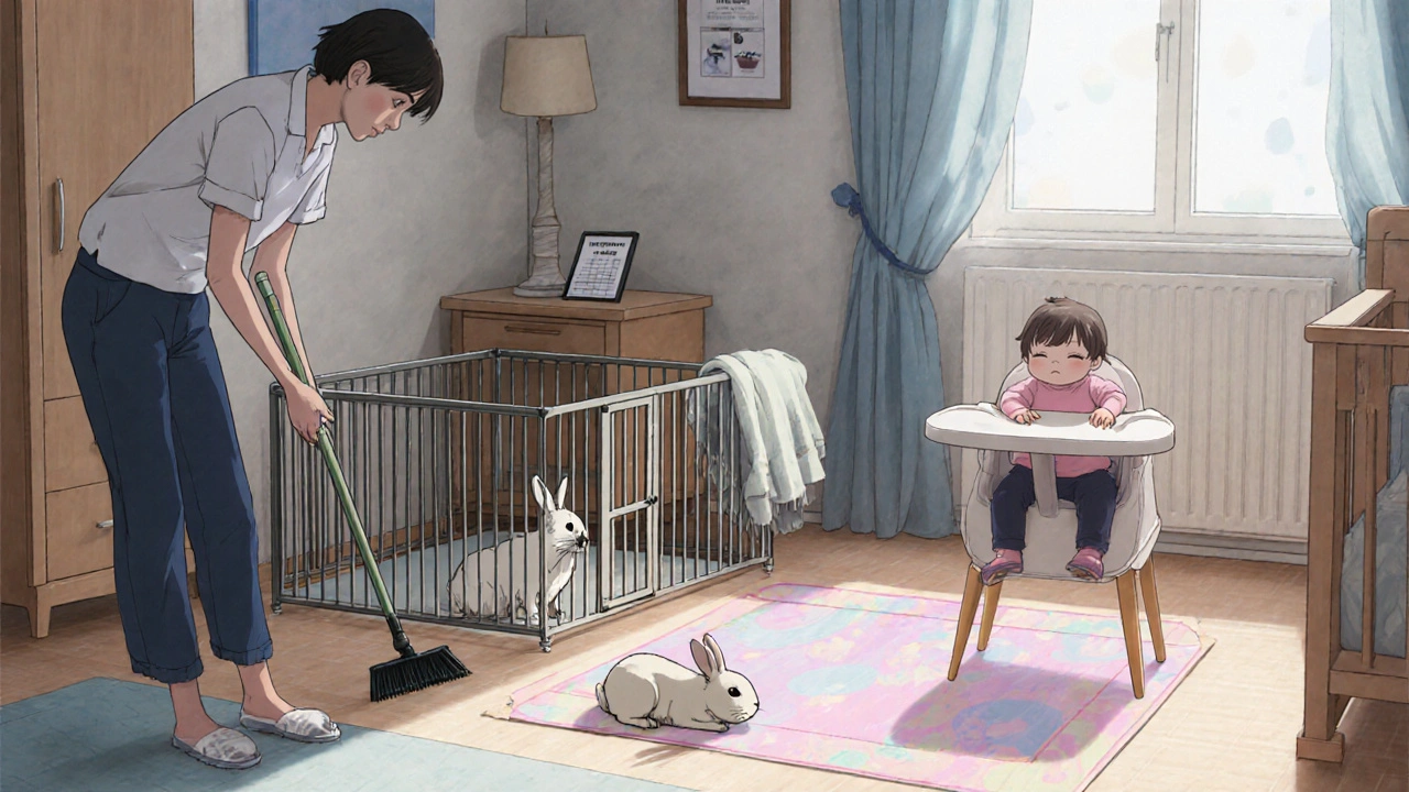 Family arranging a rabbit pen and pet‑free zone while cleaning the living area.