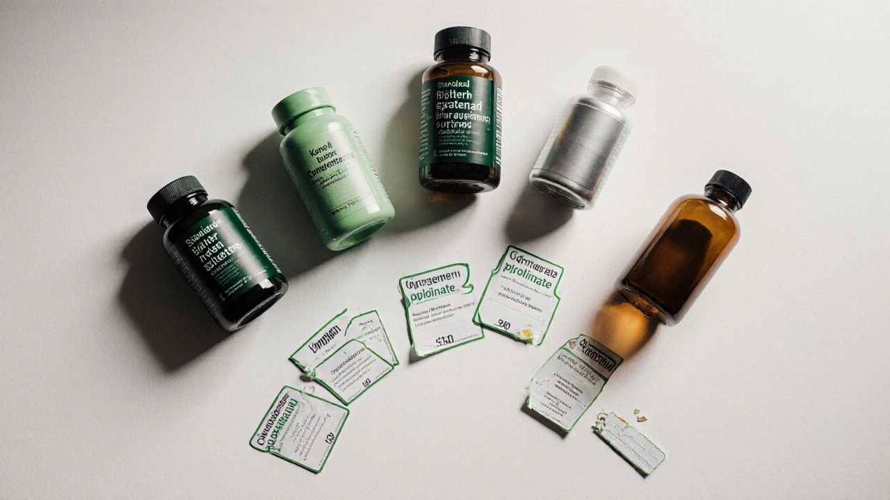 Five supplement bottles displayed together with labels and price tags.