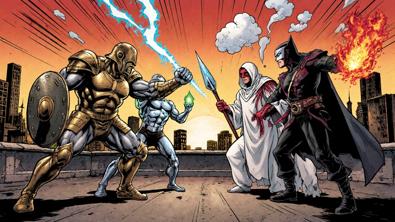 Four superhero characters personify aspirin, ibuprofen, acetaminophen, and Excedrin in a comic showdown.