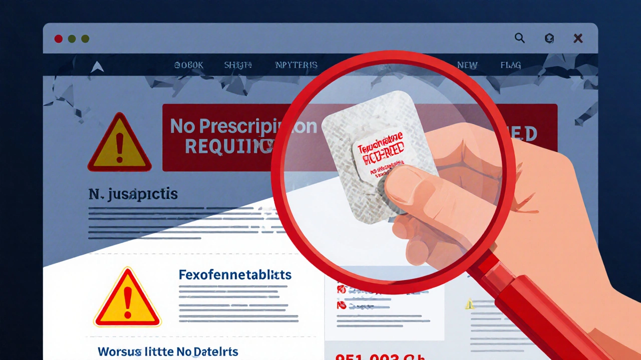 Hand holding a suspicious tablet under a magnifying glass, indicating counterfeit warning.