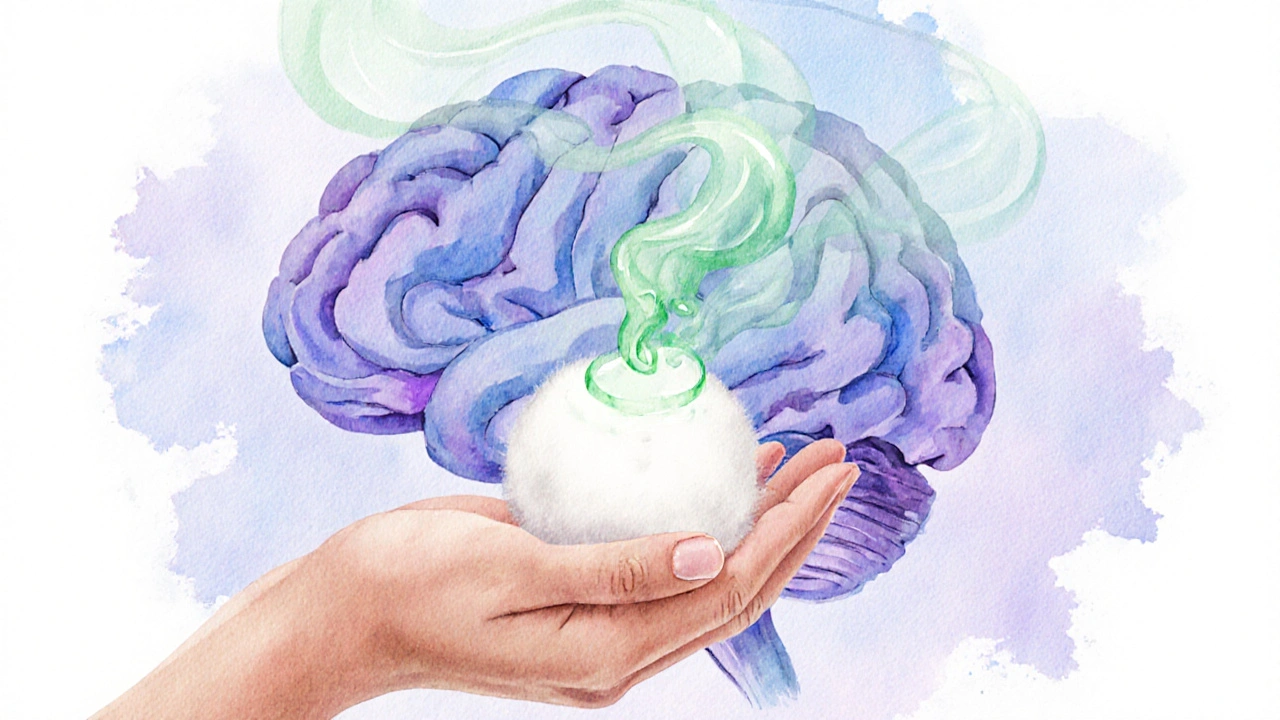Hand with cotton ball releases peppermint vapor that drifts toward a stylized brain.