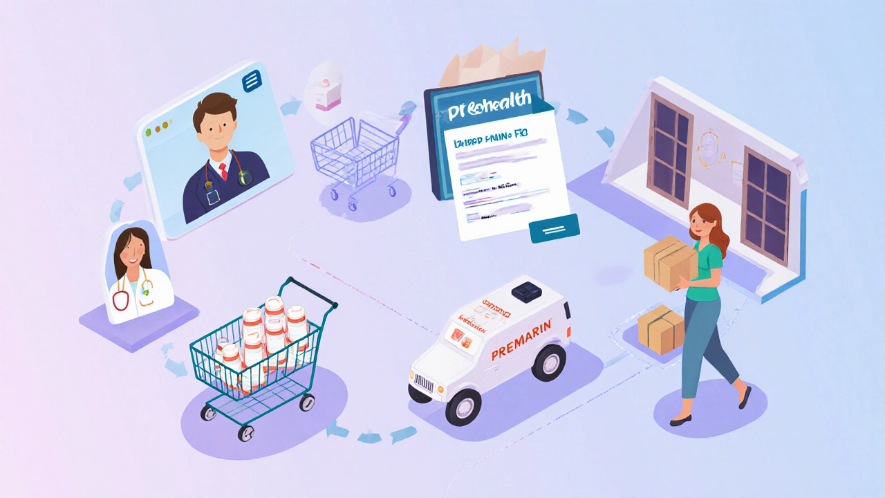 Isometric scene showing telehealth, prescription upload, order, delivery, and satisfaction.