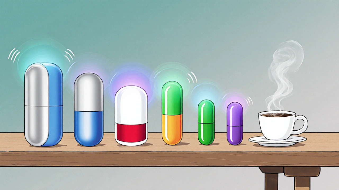Lineup of six wake‑promoting pills and a coffee cup on a table.