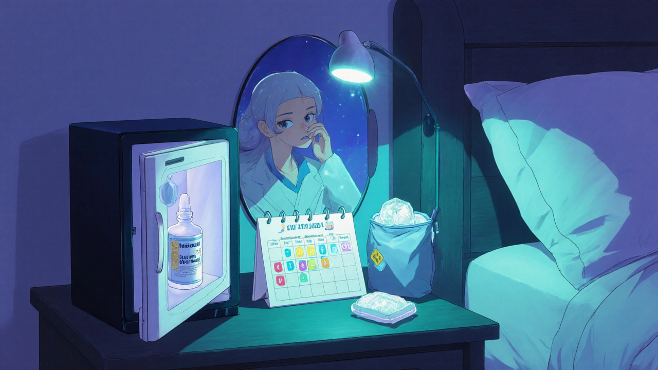 Nightstand with chilled eye‑drop bottle, marked calendar, mirror reflection, and travel bag.
