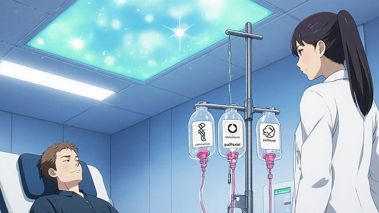 Patient receiving chemo infusion in clinic with nurse and IV bags, soft lighting.