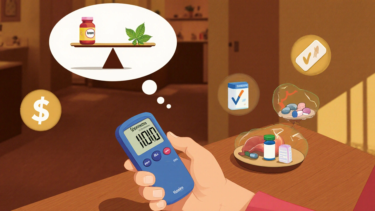Person checking glucose meter, pondering a scale balancing Karela with other supplements.