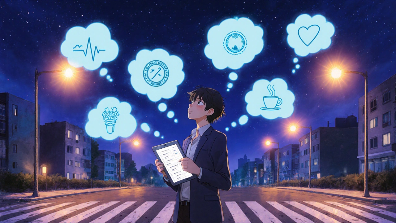 Person on a rooftop pondering various wake‑promoting options represented as floating silhouettes.