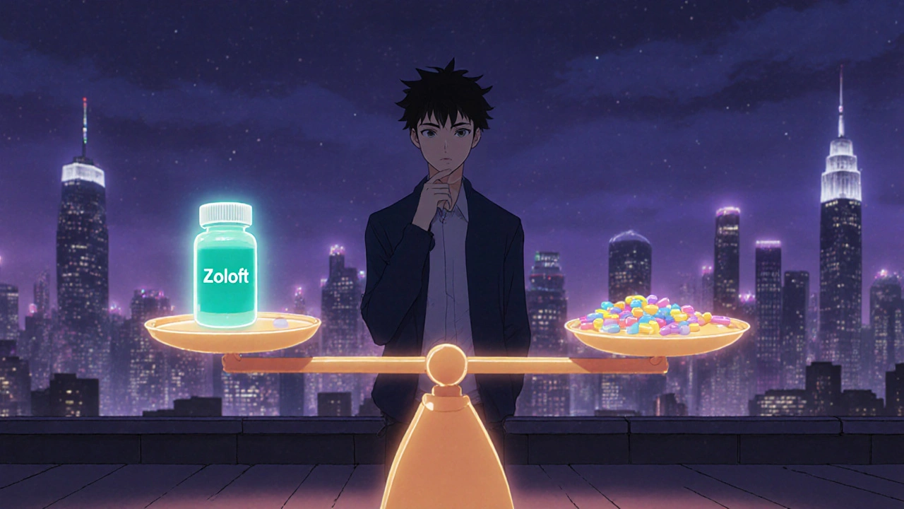 Person weighing Zoloft against other meds on a scale with a city skyline background.