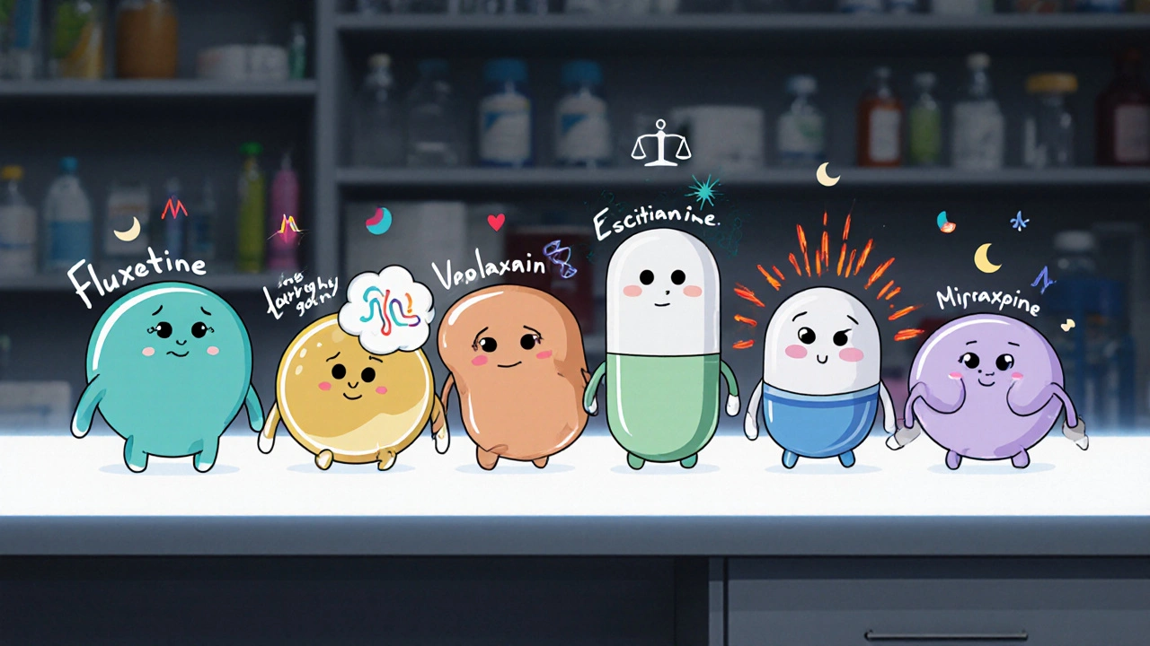 Pill characters representing different antidepressants each showing side‑effect symbols.