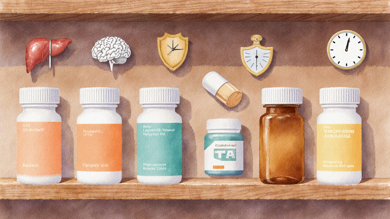 Shelf of colored antiretroviral pill bottles with symbolic icons.