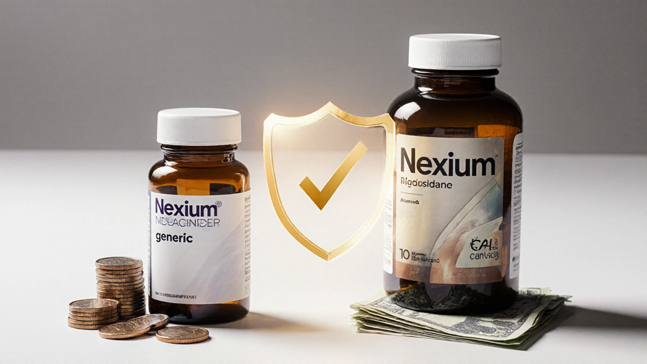 Side‑by‑side generic and brand Nexium bottles with coins, money, and a safety shield.