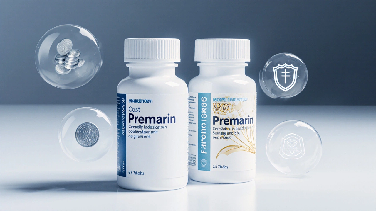 Side‑by‑side view of generic and brand Premarin bottles with icons for savings and safety.