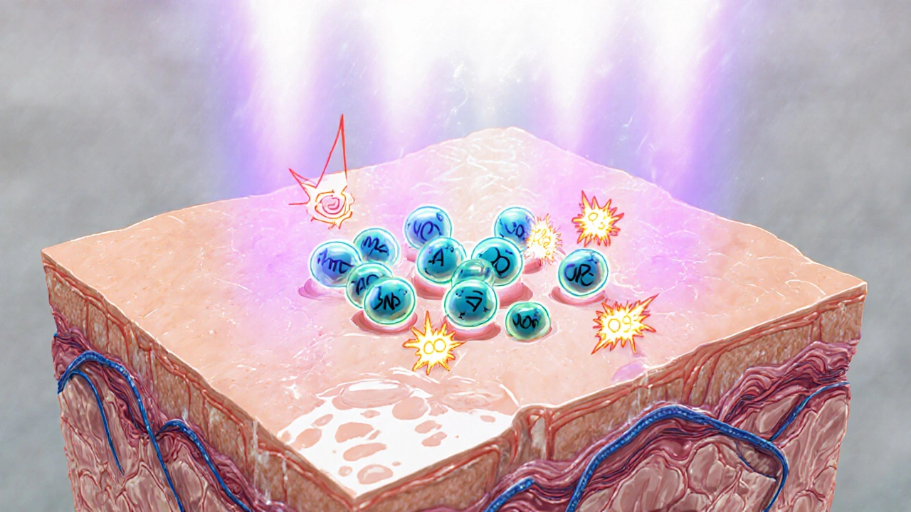 Skin cross‑section showing amiodarone molecules and UVA‑induced reactive oxygen species.