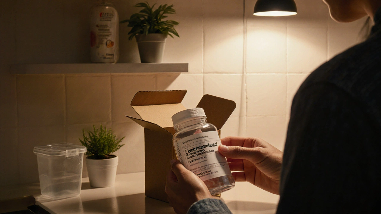 Someone opening a package, inspecting a bottle of generic acetaminophen tablets at home.