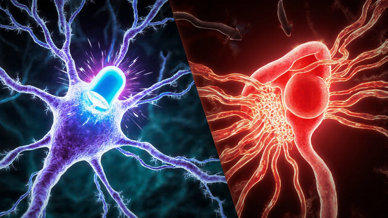 Split illustration of dapoxetine blocking serotonin and avanafil increasing blood flow.