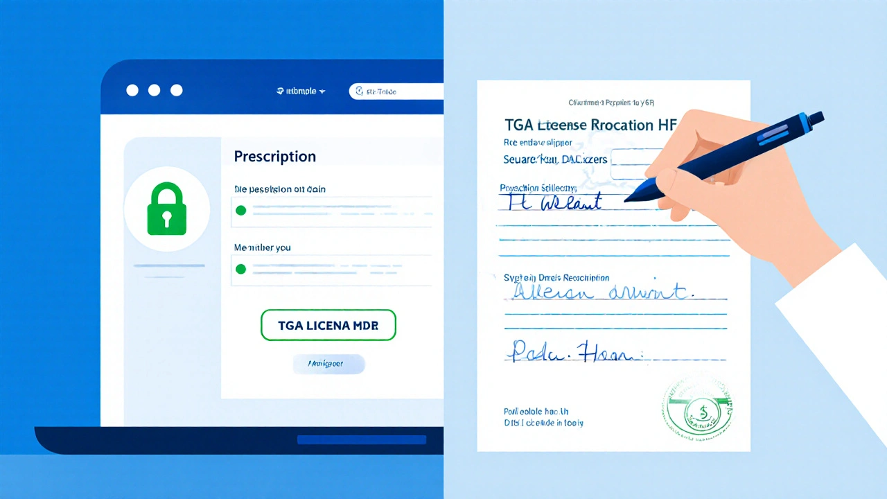 Split view of secure pharmacy portal with padlock and doctor prescription being scanned.