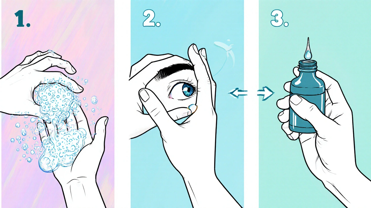 Three‑frame sequence showing hand washing, eyelid pull, and drop application.