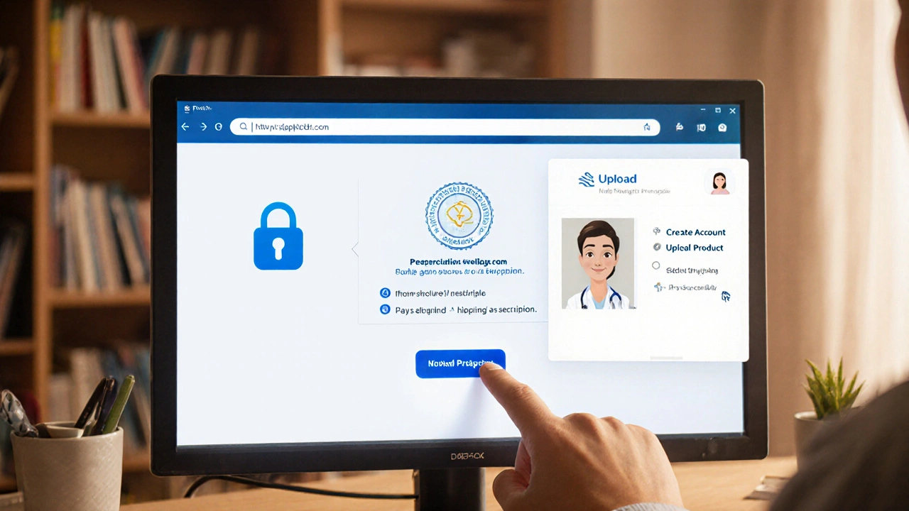User at a computer browsing a secure online pharmacy with a pharmacist chat window.