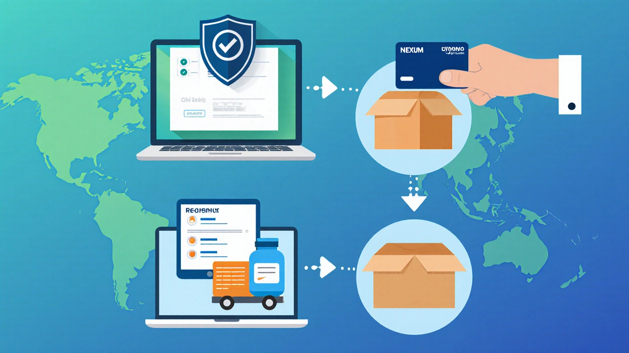 Vector icons illustrating TGA verification, online tablet purchase, shipping box, and payment.