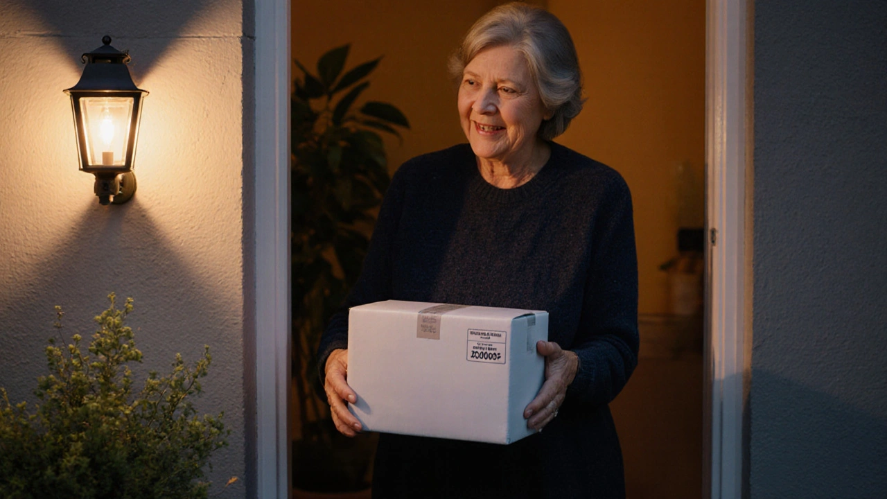 Woman happily receives a plain parcel with generic acyclovir at her front door.
