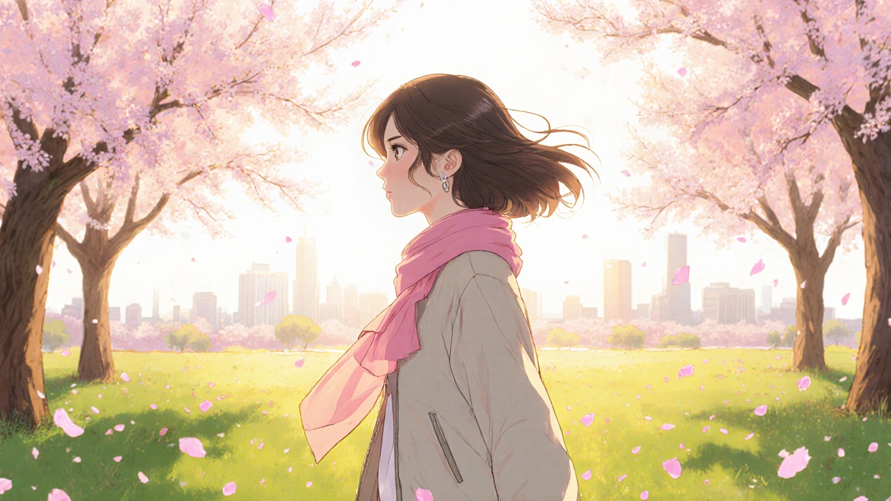 Woman walking confidently in a sunny park with cherry blossoms, feeling empowered.