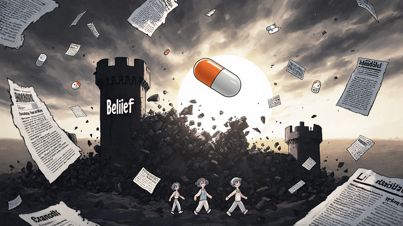 A collapsing belief fortress in the mind gives way to a radiant pill and patients walking toward light.