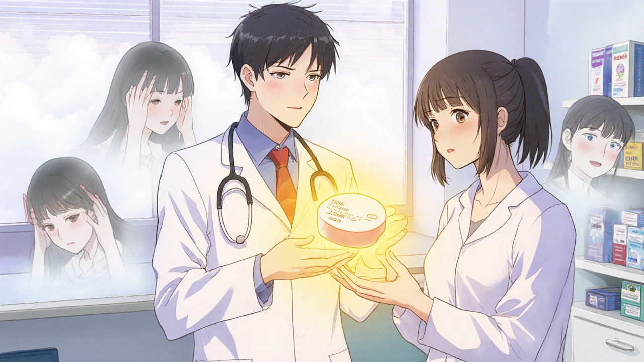 A doctor reassures a patient with a glowing generic pill, positive aura dispelling negative symptoms.