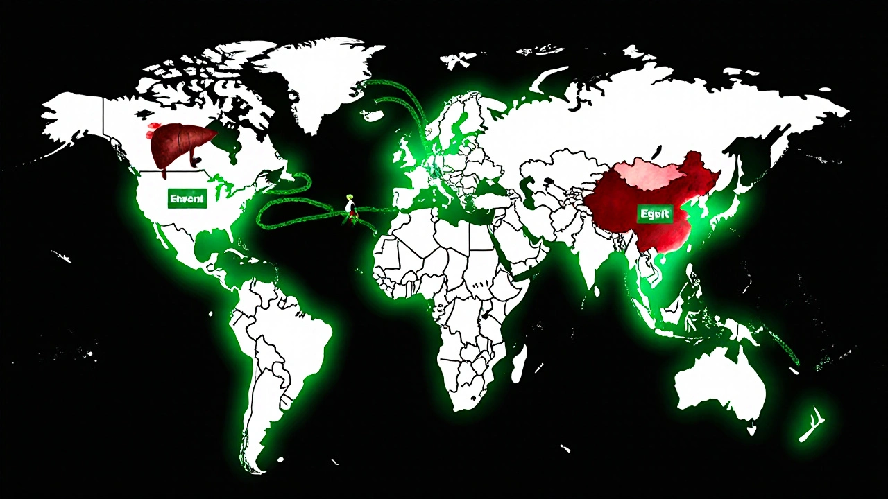 A global map of healing livers with green waves spreading from treatment centers across continents.
