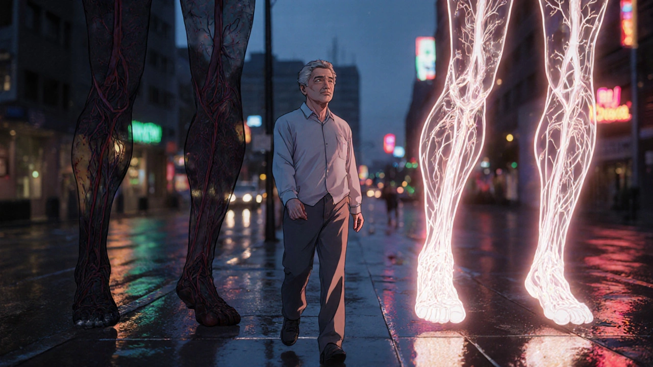 A patient walking confidently at dusk, with glowing blood vessels replacing blocked arteries.