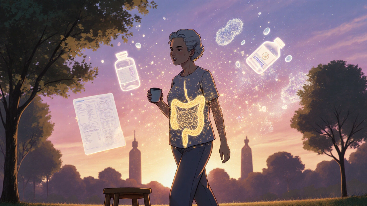 A woman walking in a park at sunset, her healthy digestive system glowing softly as laxative bottles fade away behind her.