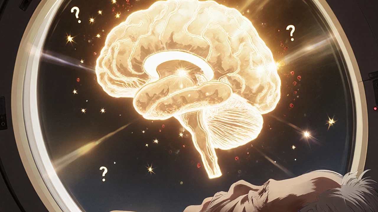 An elderly patient&#039;s brain transforming into a map of aging findings like atrophy and microbleeds.