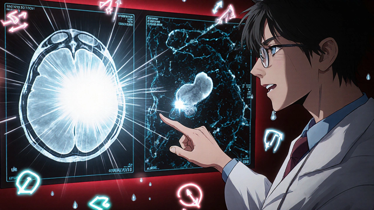 An emergency DWI MRI scan flashing bright white to reveal an acute stroke on a holographic display.