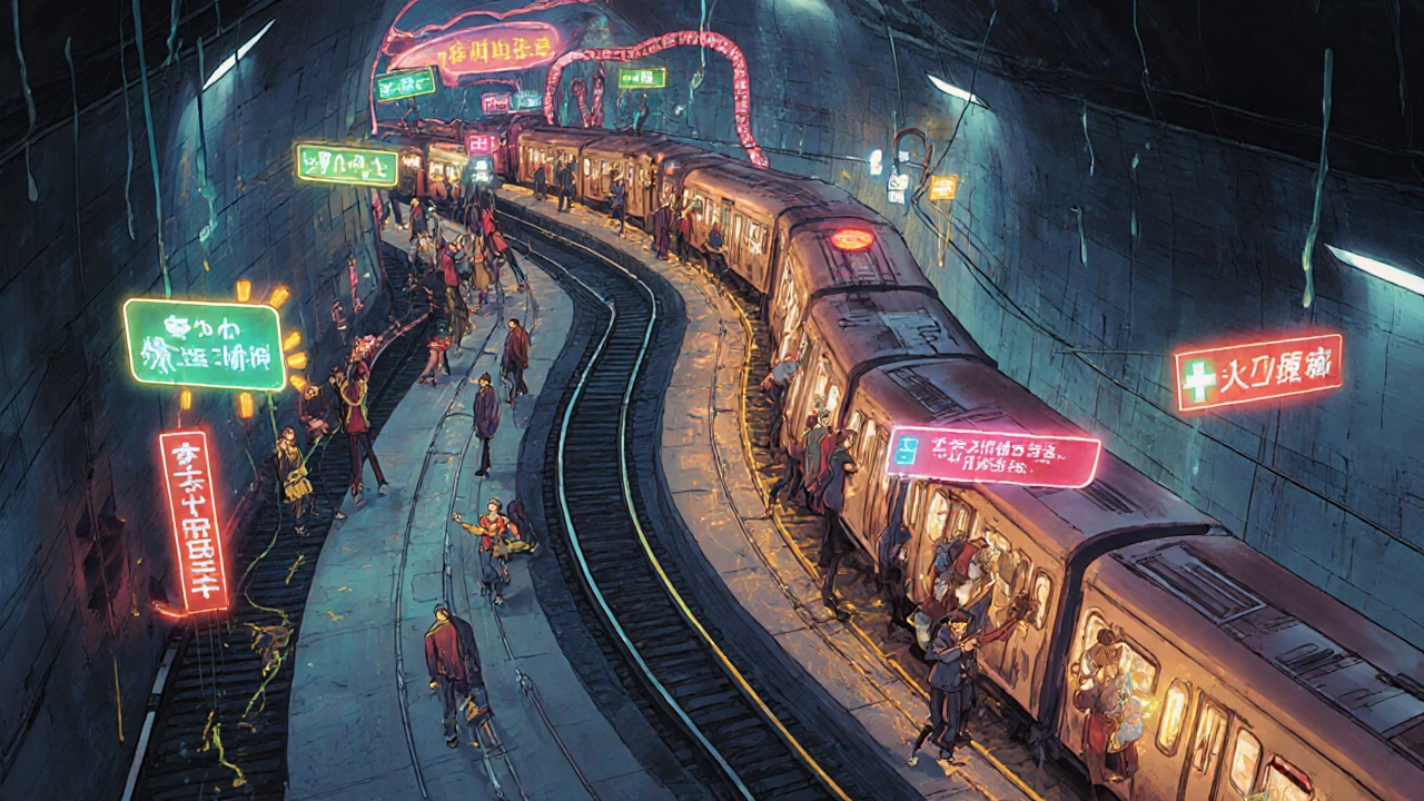 An internal view of the colon as a glowing subway system with different train conditions representing types of constipation.