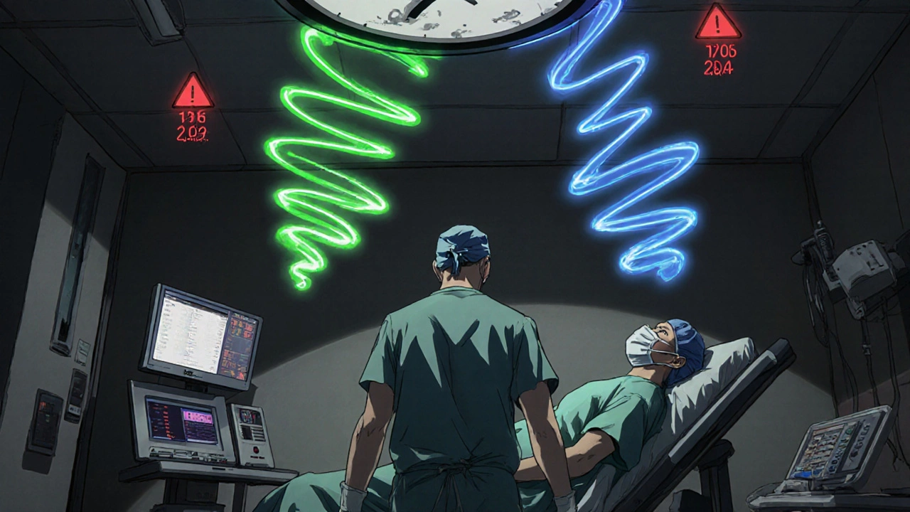 Anesthesiologist facing dangerous drug interaction during surgery with glowing pathways