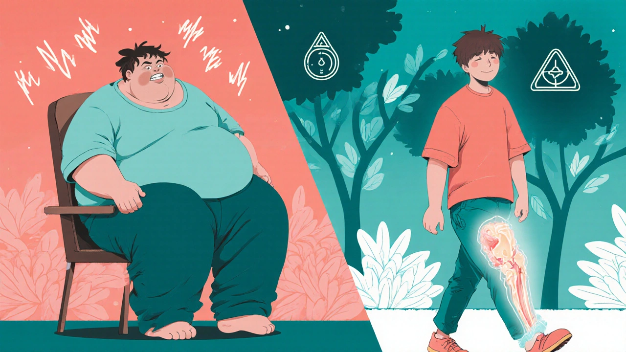 Before and after comparison of a person with hip osteoarthritis losing weight and regaining mobility.