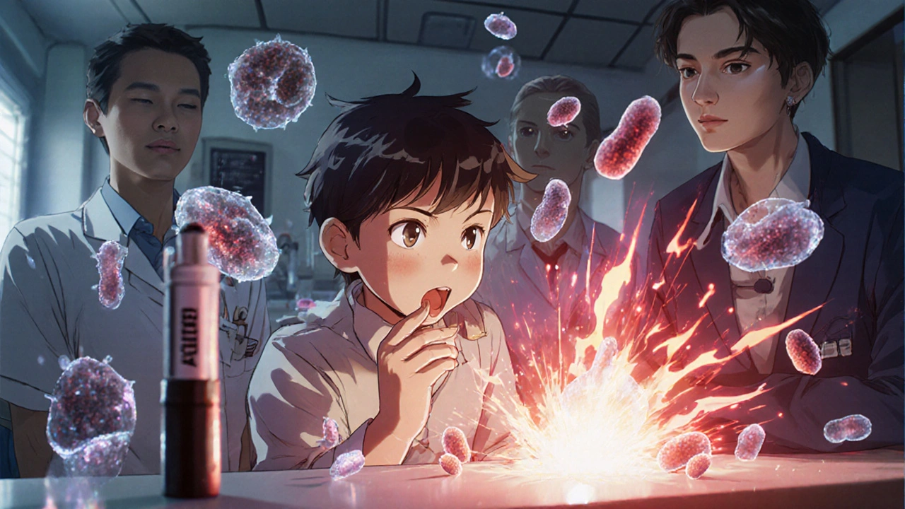 Child undergoing oral food challenge for peanut allergy with glowing immune cells reacting violently